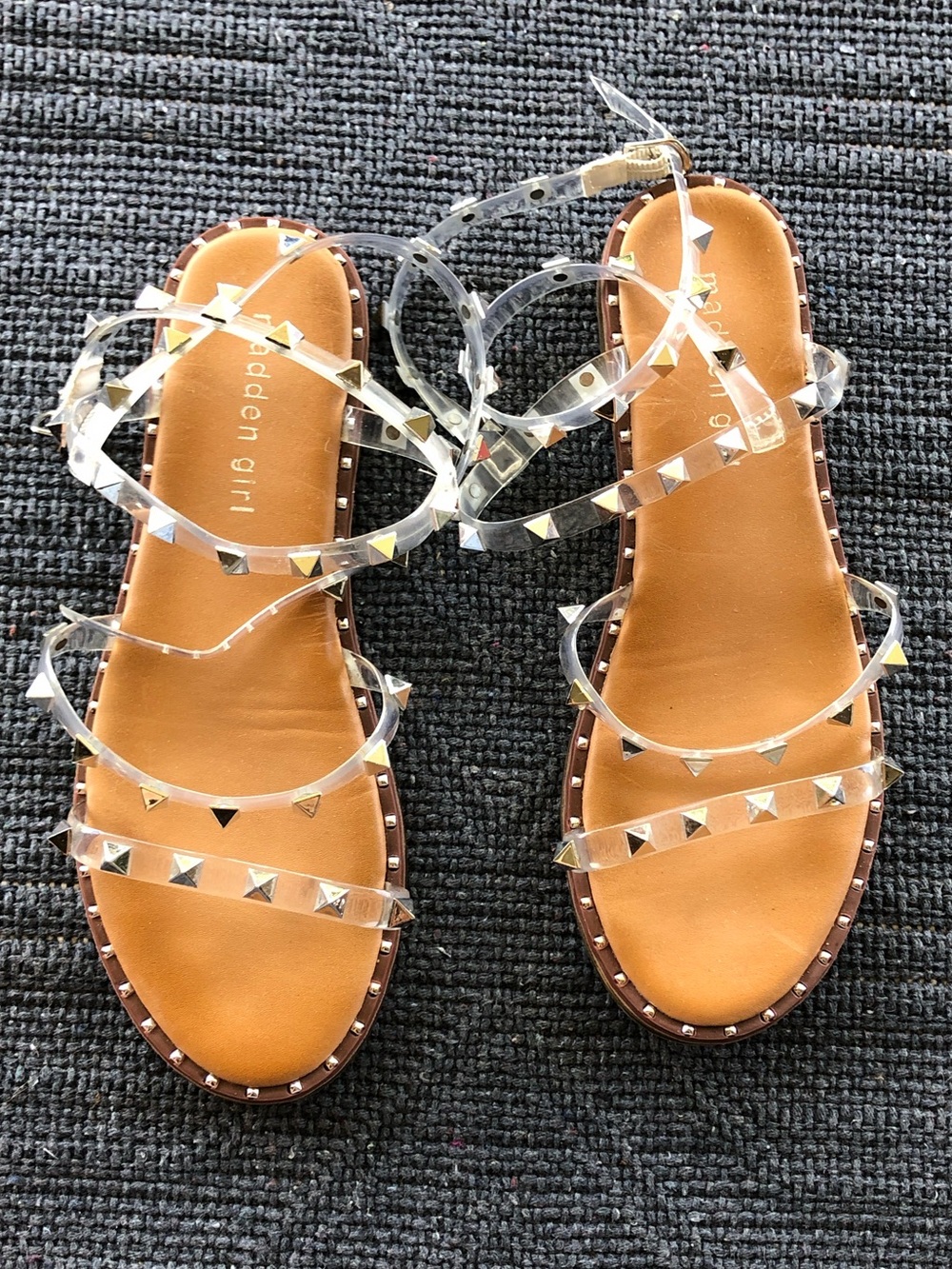 Madden Girl Tan Footbed Clear Studded Wrap Sandals
